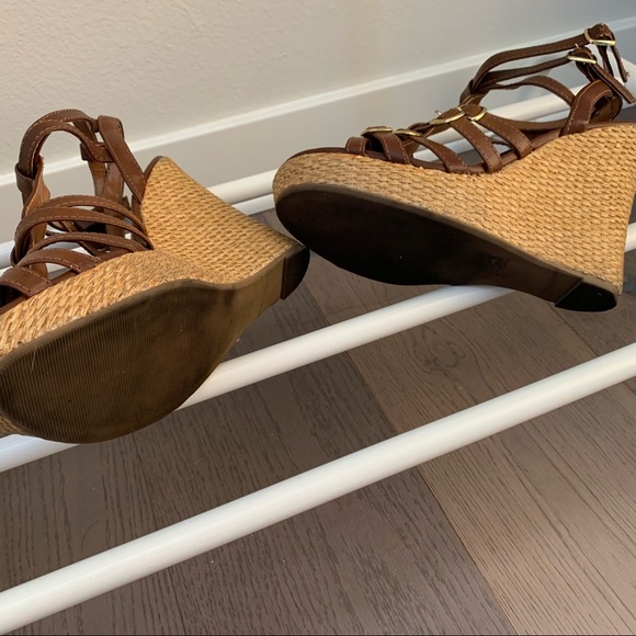 SODA Brown Leather Wedge Heels / Summer Wedge Heels / Wedge Sandals Heels - Picture 4 of 6